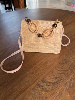 NWOT ASOS Woven Straw Crossbody with Pink Strap and Rattan Ring Detail